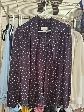 LOFT Black Blouse with Pink Dot Floral Print